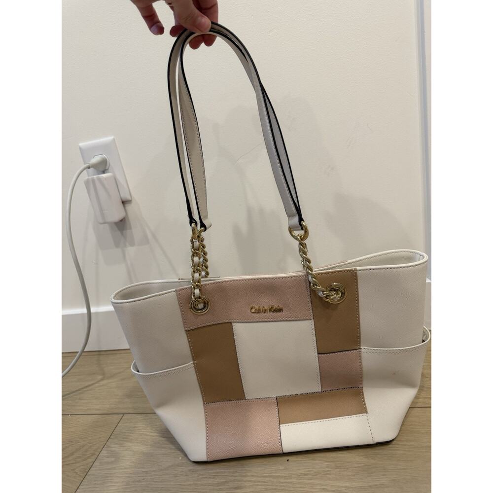 Calvin Klein Colorblock Chain Accent Tote Bag Gold Hardware Beige Pink Brown